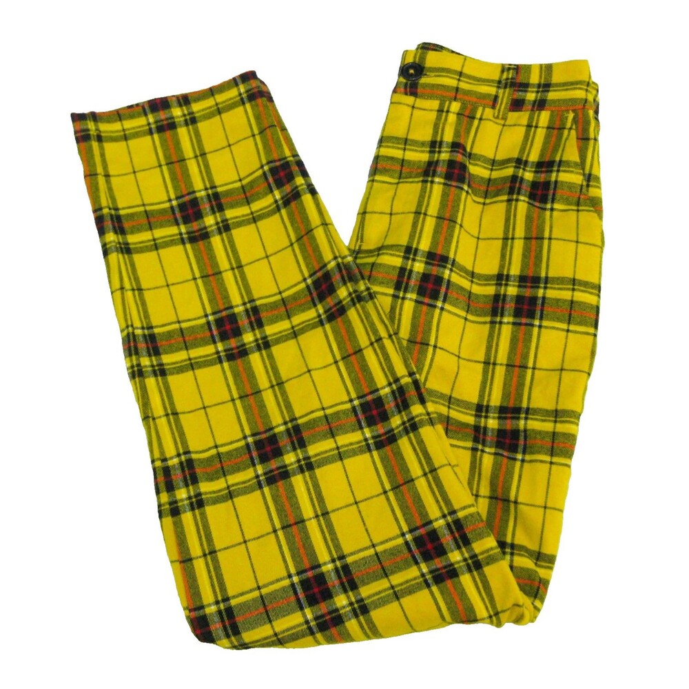 Forever 21 Yellow Pants Girls Small 26x29 Plaid Flannel 2 Pockets Zipper Fly